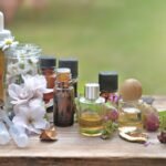 bottles of essential oil with plant and flower and aromatherapy equipment on a wooden table in garden